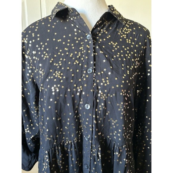 Solitaire Anthropology Black Stars Gold Roll Tab Long Sleeve Size Medium Button - Picture 11 of 16